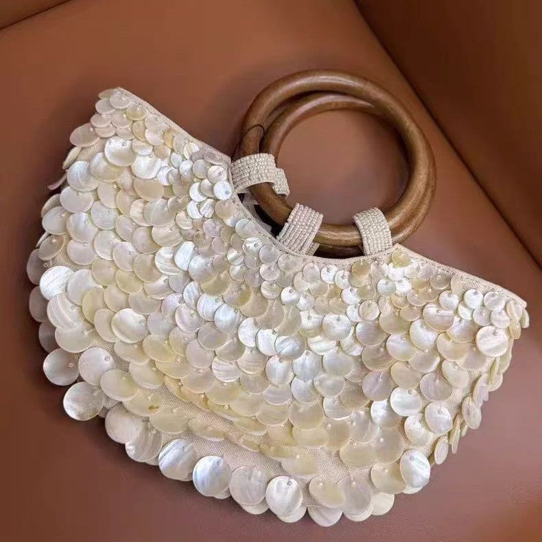 Hand-sewn beaded mother-of-pearl bag, socialite dinner style shell bag, women's hand-held shoulder bag