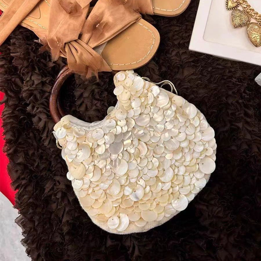 Hand-sewn beaded mother-of-pearl bag, socialite dinner style shell bag, women's hand-held shoulder bag